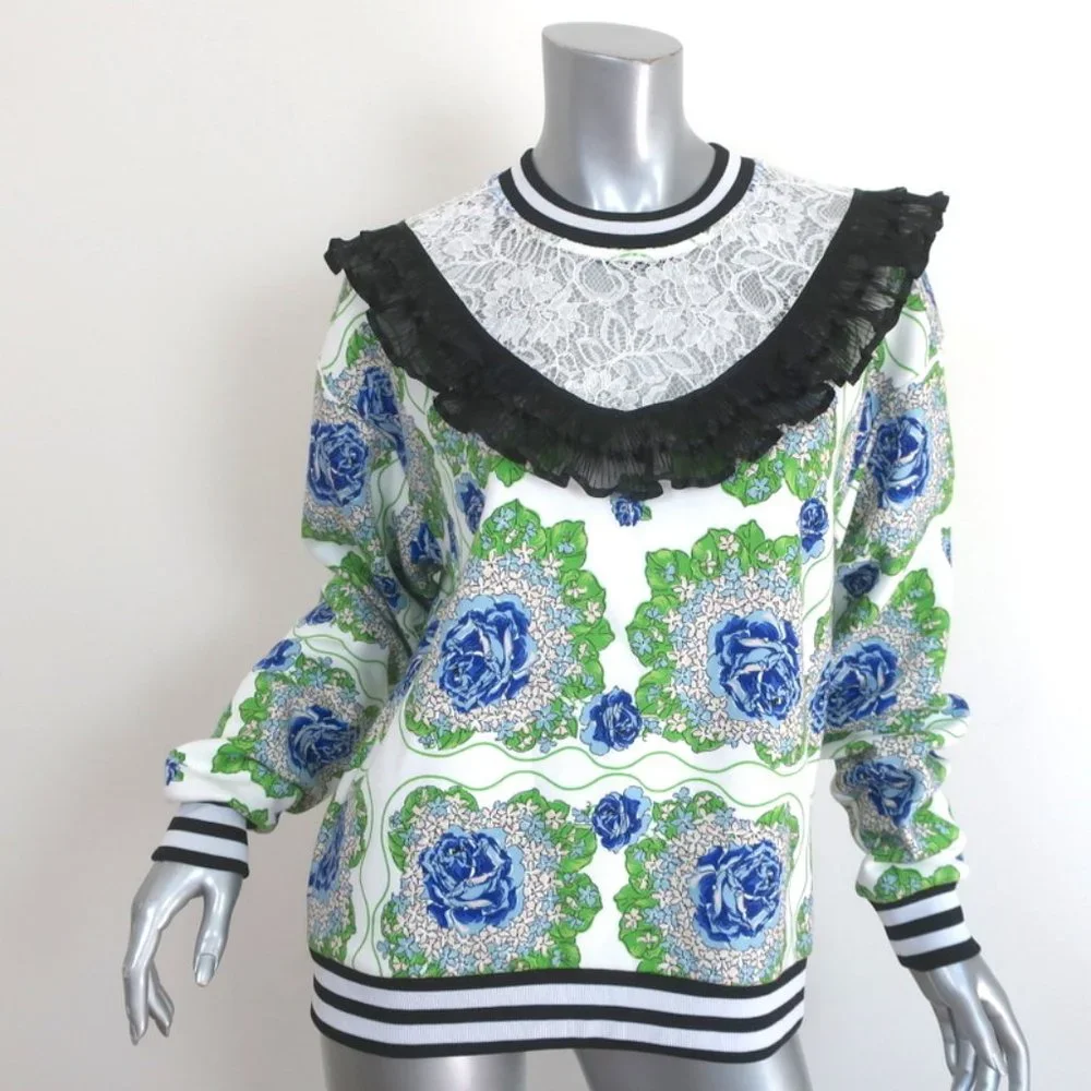 RODARTE RUFFLED LACE YOKE SWEATSHIRT WHITE/BLUE FLORAL PRINT SIZE EXTRA SMALL - Picture 1 of 10